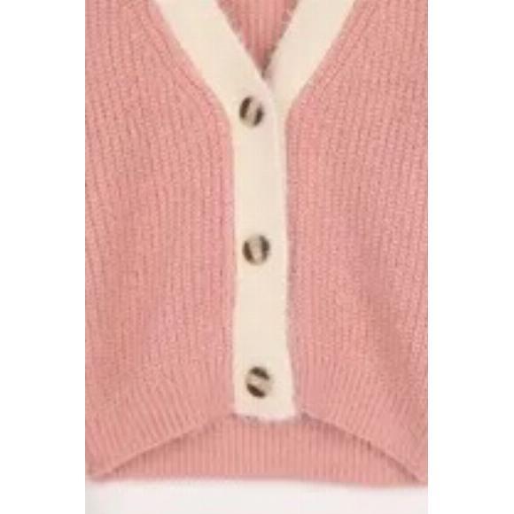 LuLu's Little Bit Of Sweetener Pink And Cream Cropped Cardigan Sweater Size Xs - Picture 5 of 10